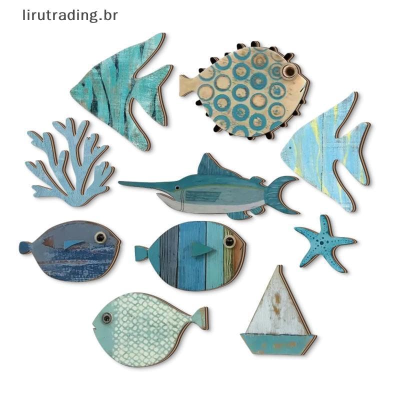 10 Peças /set Peixe Decoração de Parede de Madeira Pendurado Tema de Praia Arte do Banheiro Náutic