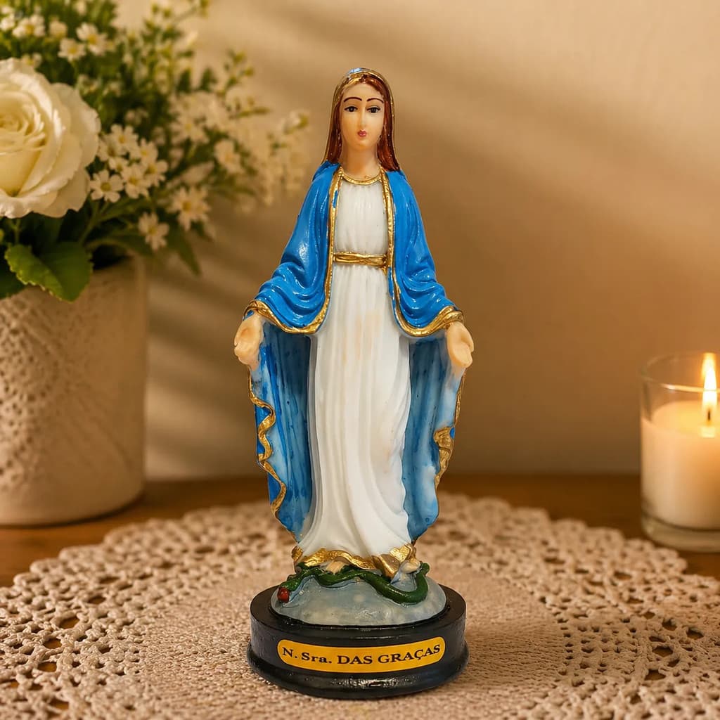 Nossa Senhora Das Graças 12cm Imagem Em Resina Pintada À Mão Azul