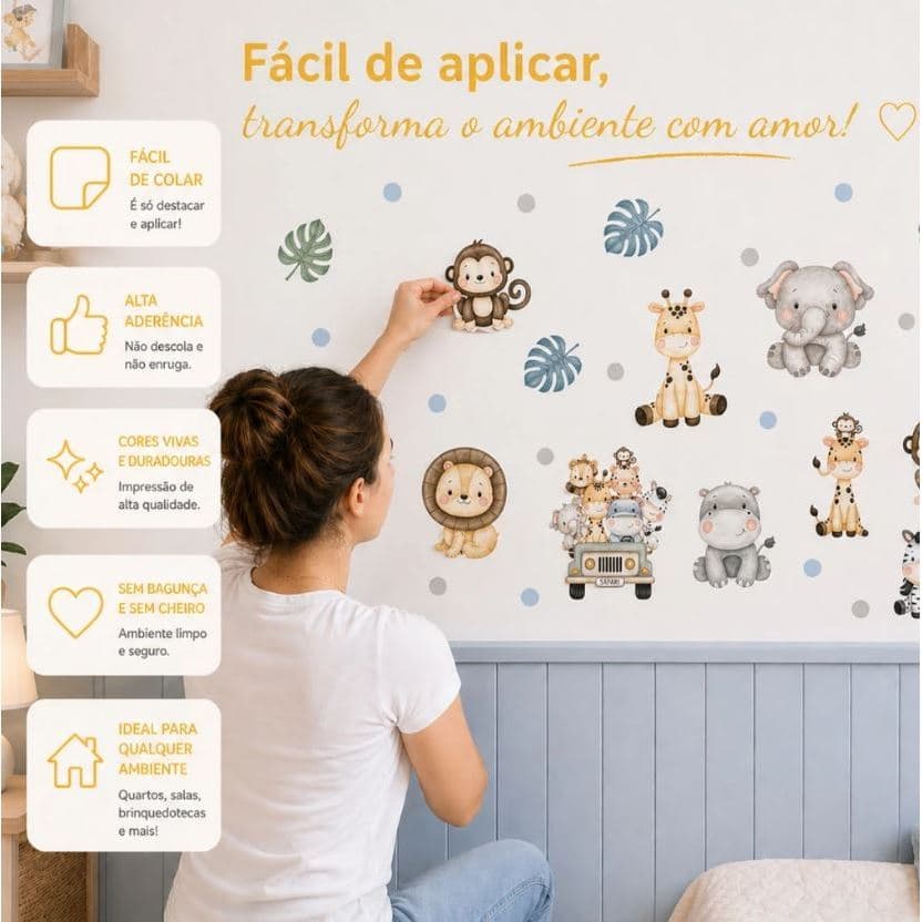 Kit de 44 Adesivos Recorte Animais Safari + Bolinhas - Papel de Parede Infantil - Azul - Verde - Rosa