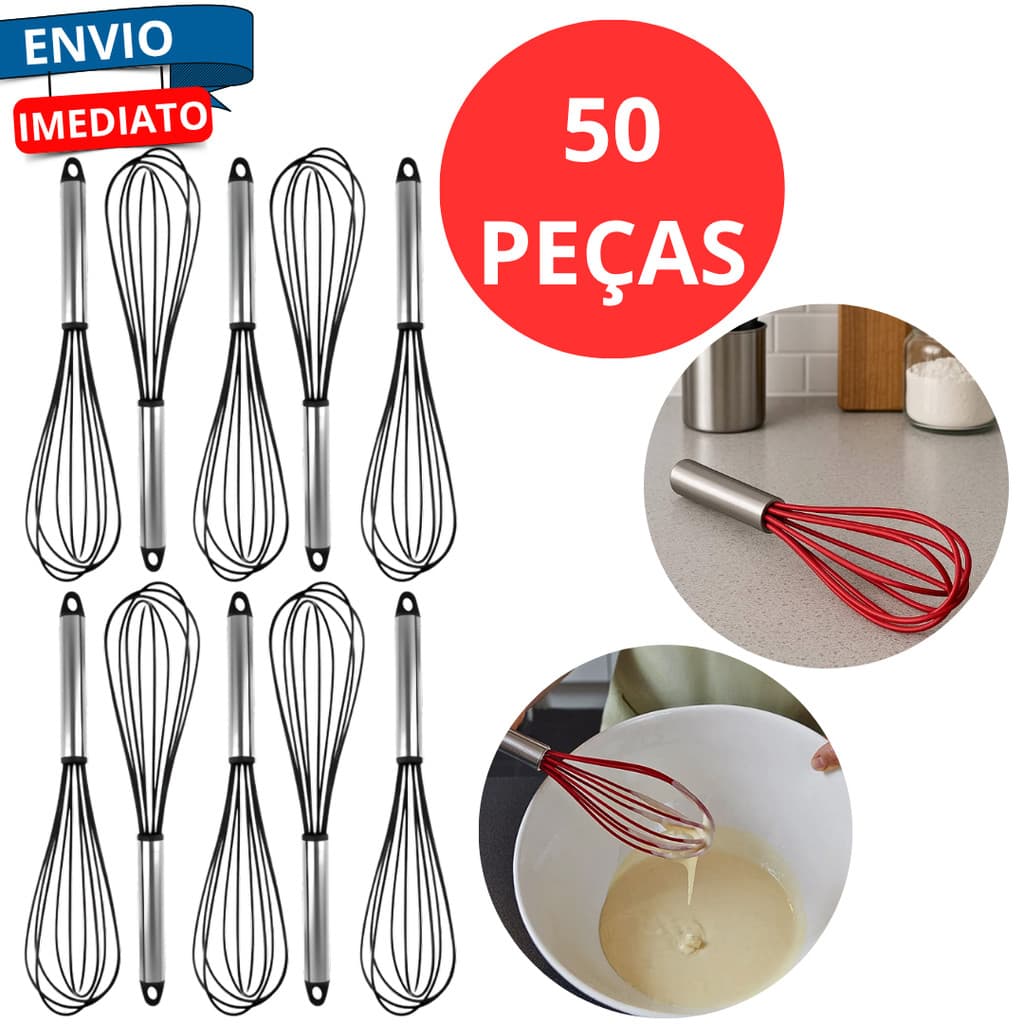 Kit 50 Batedor De Clara Manual Silicone Cabo Inox Fuê Fouet Ovos Alta Temperatura Quente Confeiteiro