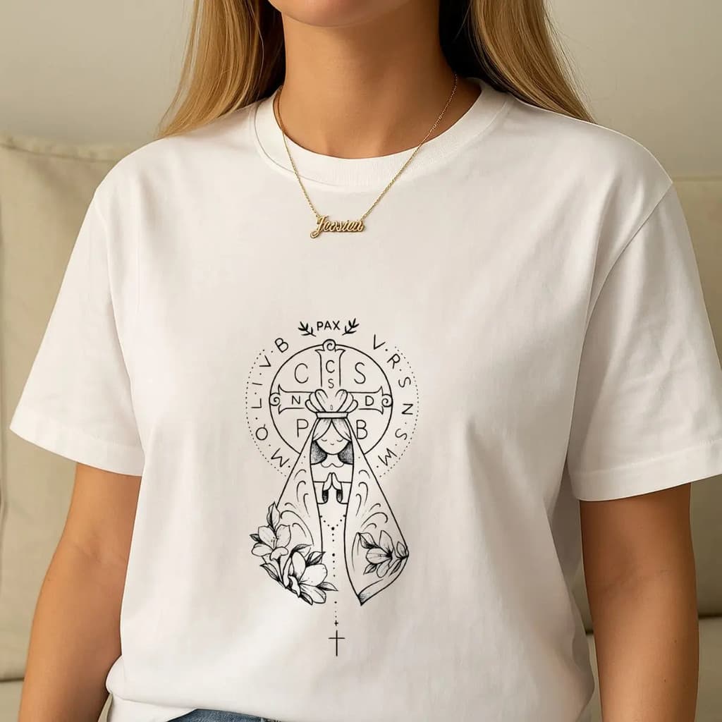 Camiseta Feminina Estampa Medalha Religiosa Com Flores