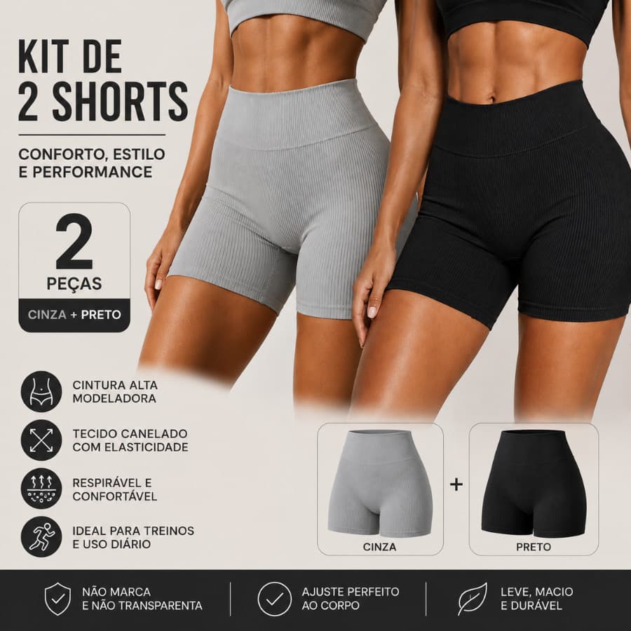 Kit 2 ou 3 Shorts Feminino Fitness Canelado Sem Costura Cintura Alta Zero Transparência