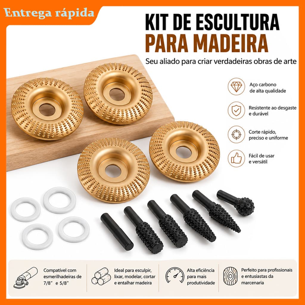 Rebolo para Madeira Esmerilhadeira Dourado Aço Carbono Kit para Lixar Desbastar Esculpir