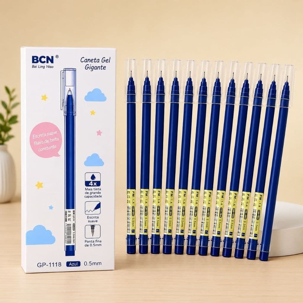 Kit 12 Canetas Gel Roller Ball Azul 0.5mm Ponta Fina Escrita Suave Alta Capacidade Escola/Escritório