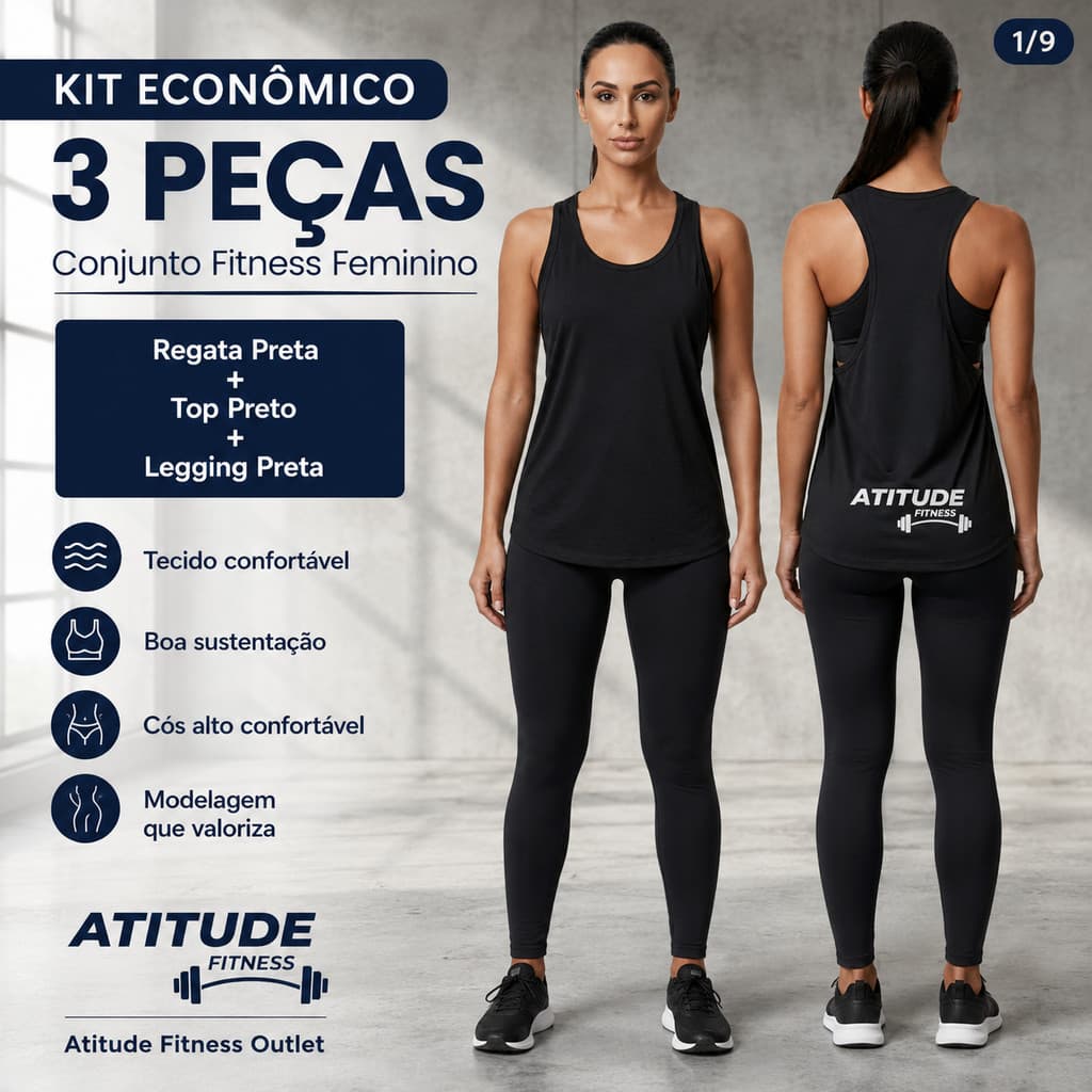 Conjunto Fitness Feminino 3 Peças Regata Cavada Top Fitness Legging Cós Alto Academia Treino Preto