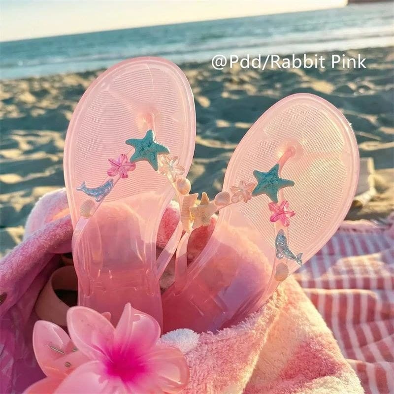 Chinelos japoneses transparentes de gelatina estrela do mar chinelos planos à beira-mar férias antiderrapantes sapatos d