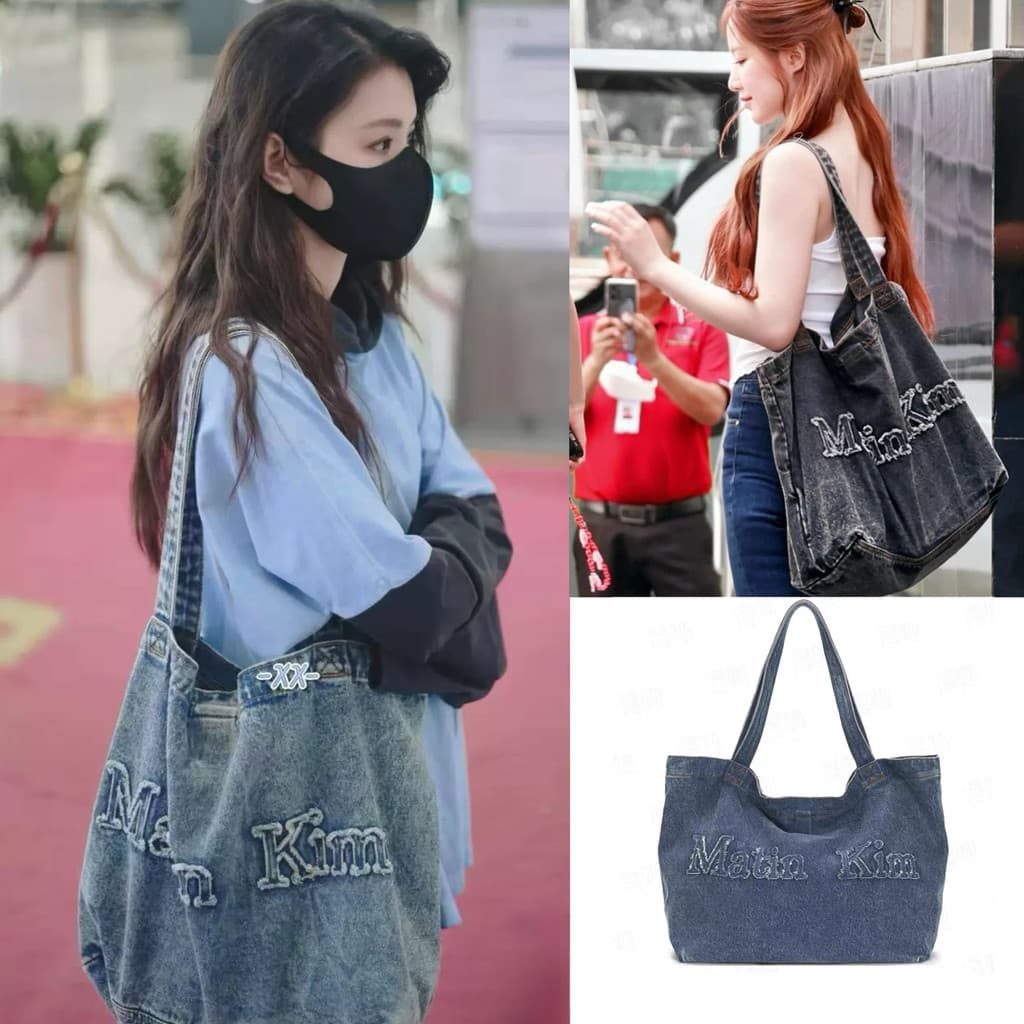Coreano genuíno Matin Kim Lee Yunxiao mesmo estilo Denim bolsa de lona um ombro grande capacidade sacola feminina