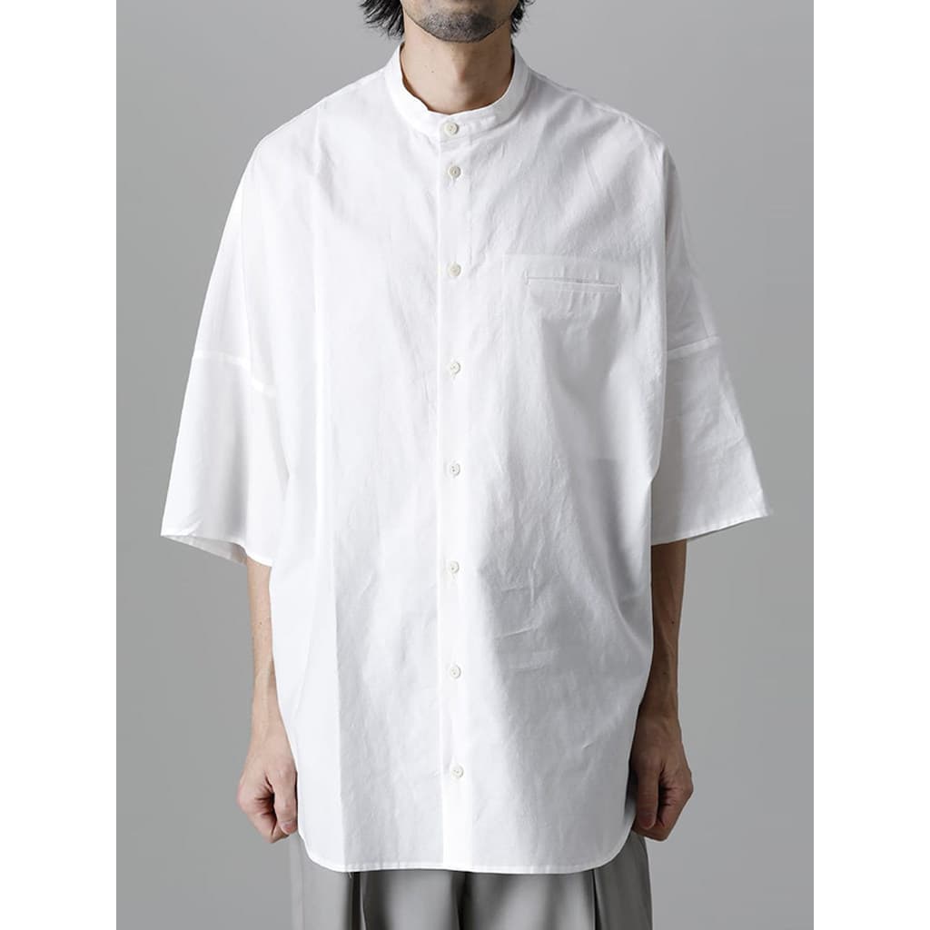 GAOSTUDIOS Camisa masculina solta grande com perfil de ombro caído, gola redonda, meia manga, branca pura, feita à mão,