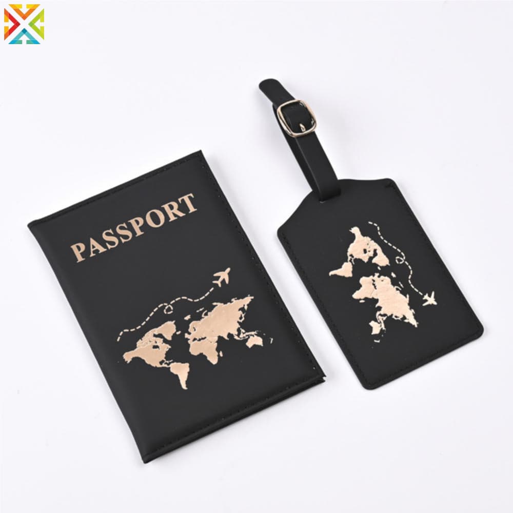 Novo Conjunto de Porta-Passaporte e Porta-Bilhetes em Material PU Dourado Relevo 2024, Inclui Etiqueta de Bagagem VJHX