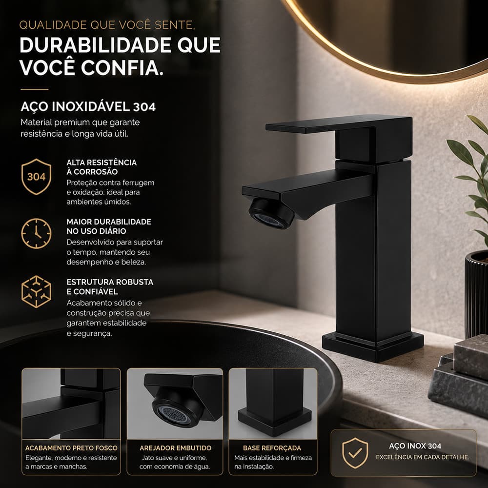 Torneira monocomando quadrada lavabo aço inox preto fosco furo único banheiro residencial moderno