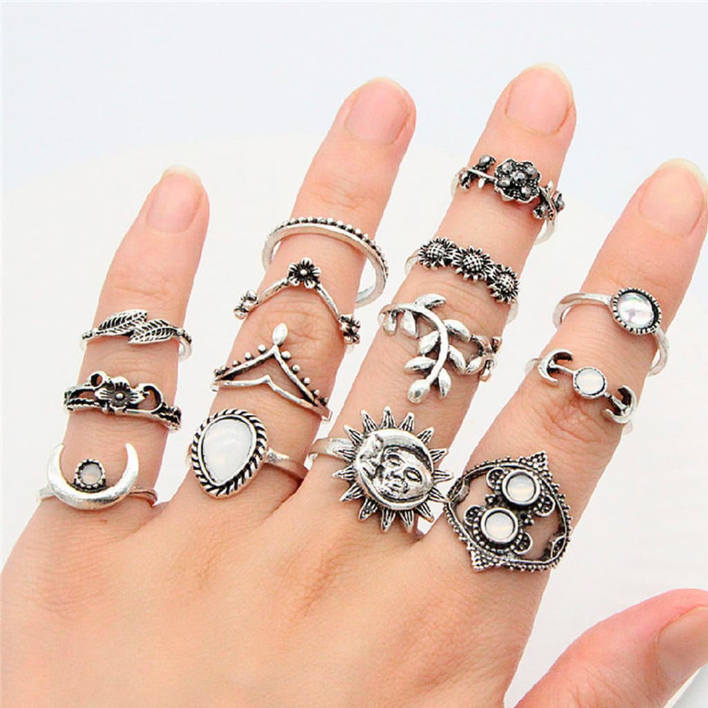 Kit Exclusivo 14 Anéis Girassol Sol Lua Gota Flor Estilo Boho Conjunto Elegância