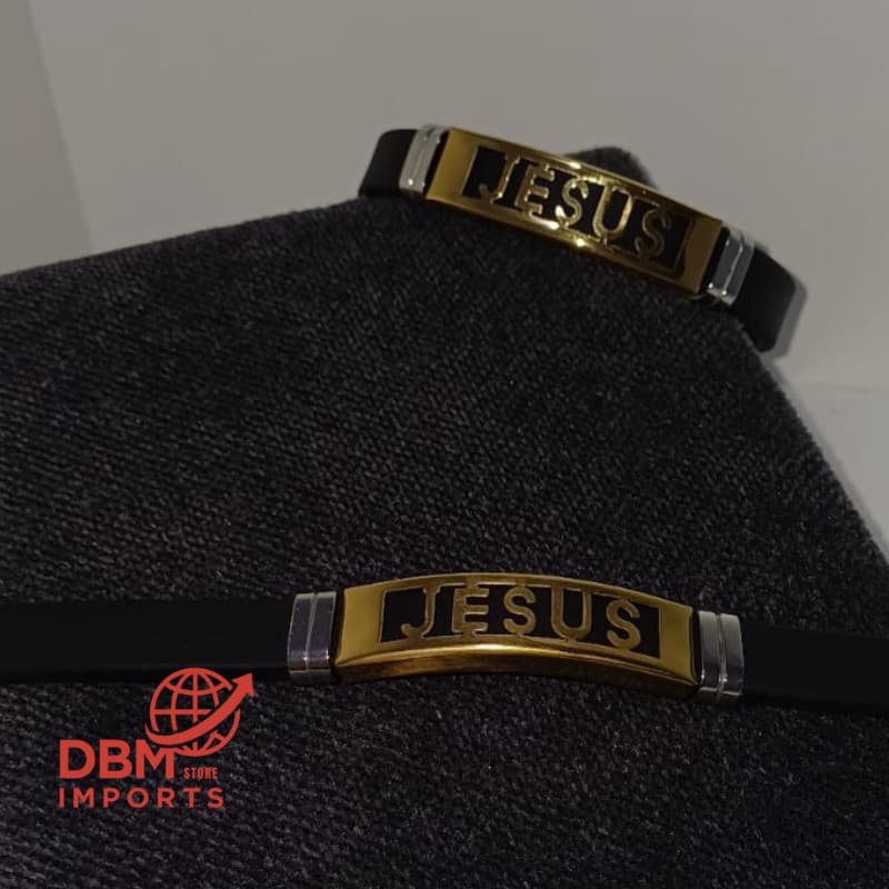 Pulseira de Borracha Masculino Ajustável com Placa Aço Inoxidável Jesus Prata Dourado Elegante e Religiosa