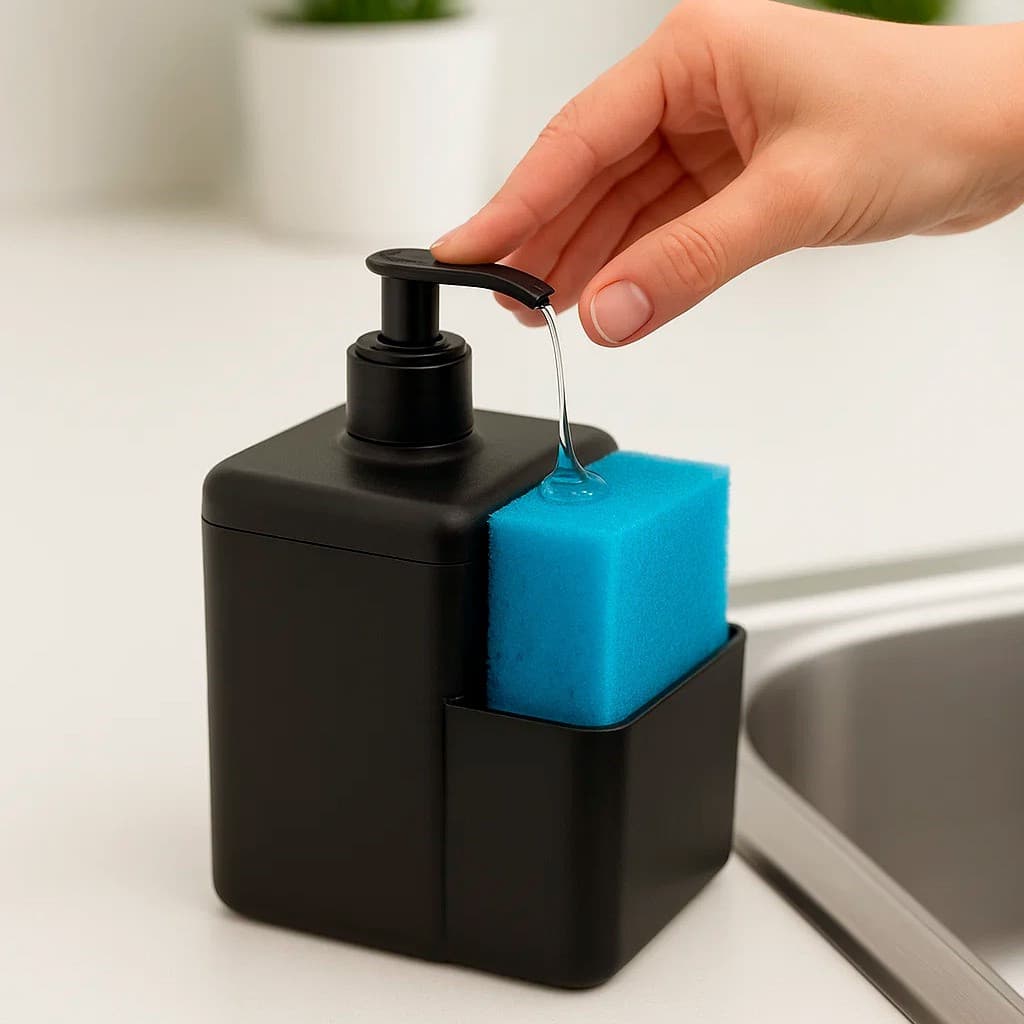 Dispenser Porta Detergente de Pia Preto – Design Moderno com Suporte Bucha