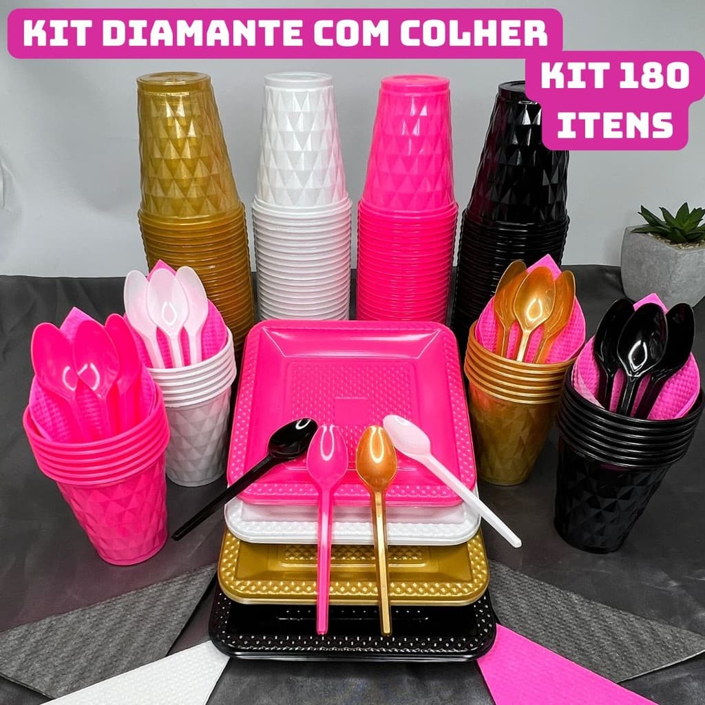 Kit 180 Itens Festa Aniversário Completo Rosa Preto Branco Descartável Pratinho Copo Colher Guardanapo P/ 40 Pessoas