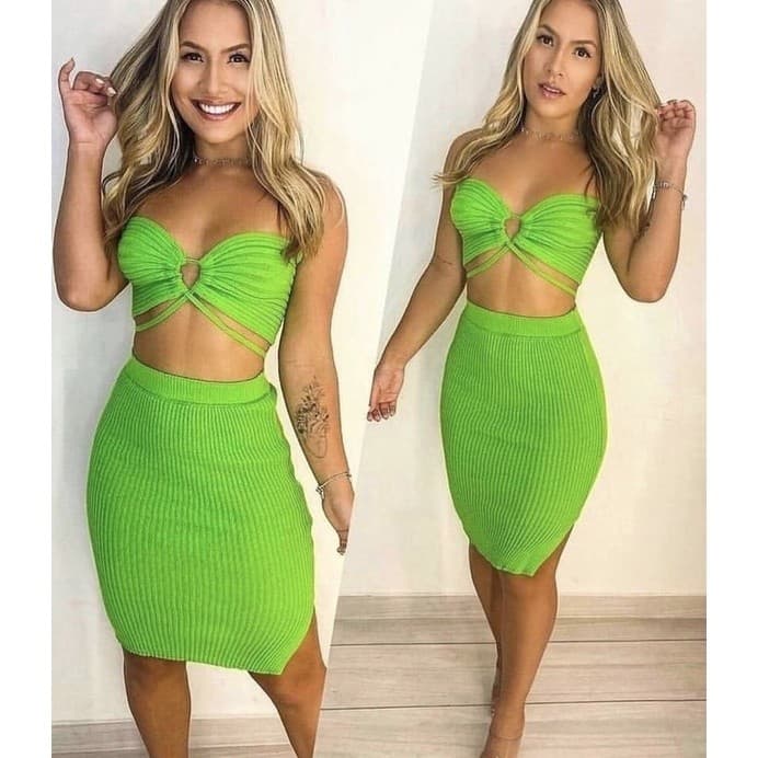 Conjunto Feminino Top de Amarrar e Saia Mídi Tricô Tendência  do Verão VARIAS CORES