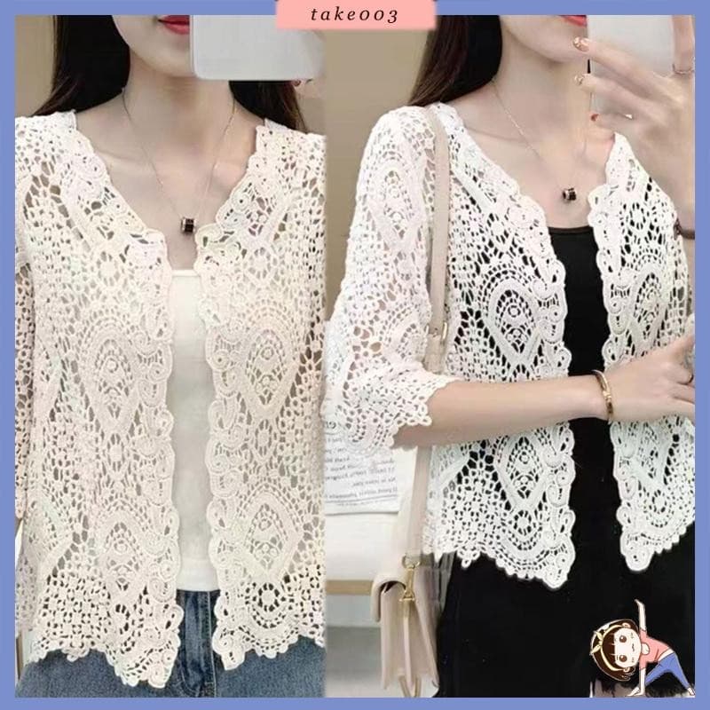 TAKE03 Feminina Hollowout Crochê Malha Floral Suéter 3 4 Cropped Cardigan Coverup Cottom Shru