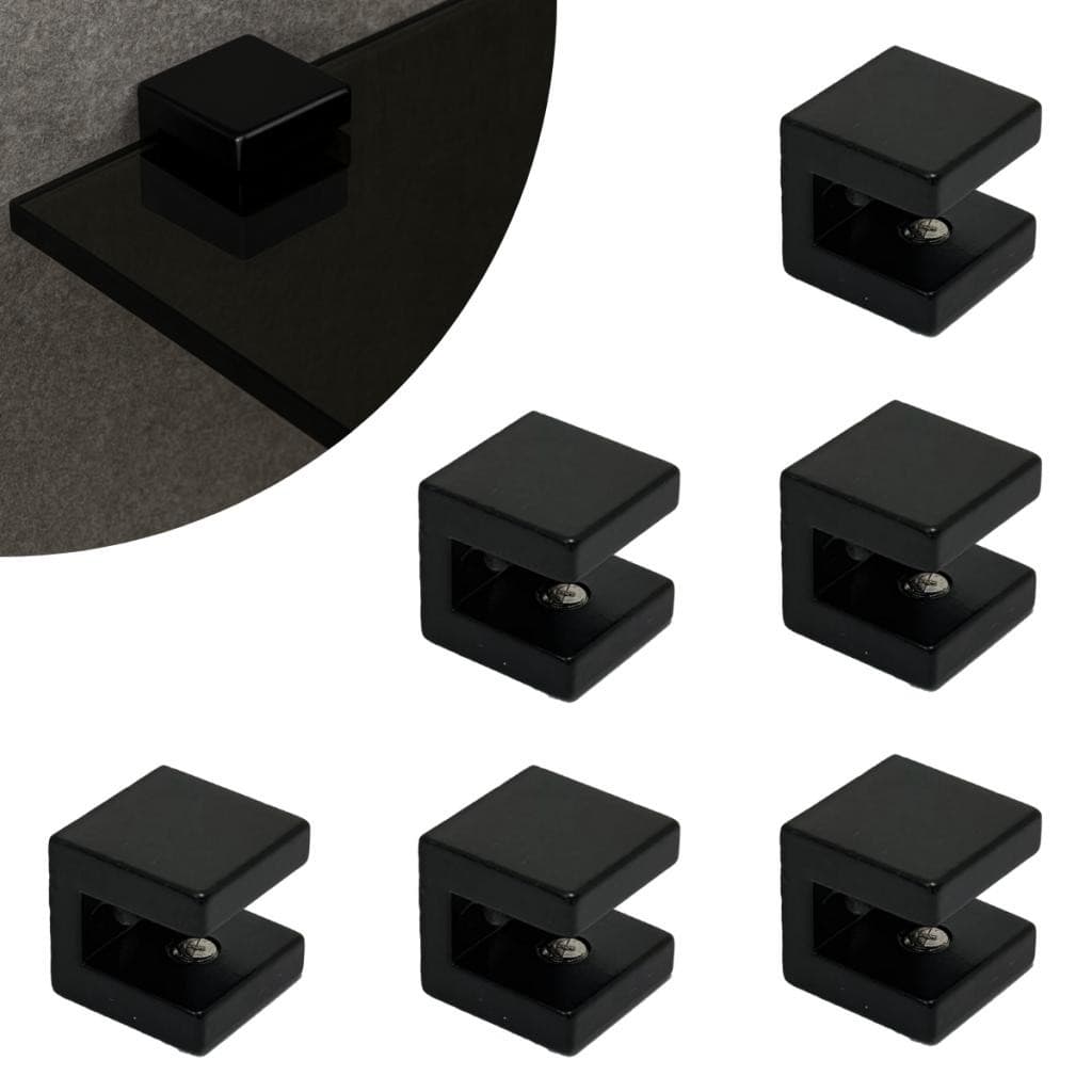 Kit 06 Suportes Fenda Quadrado 1 Furo Para Prateleira de Vidro 6mm em Metal Preto Pintura Eletrostatica Automotiva