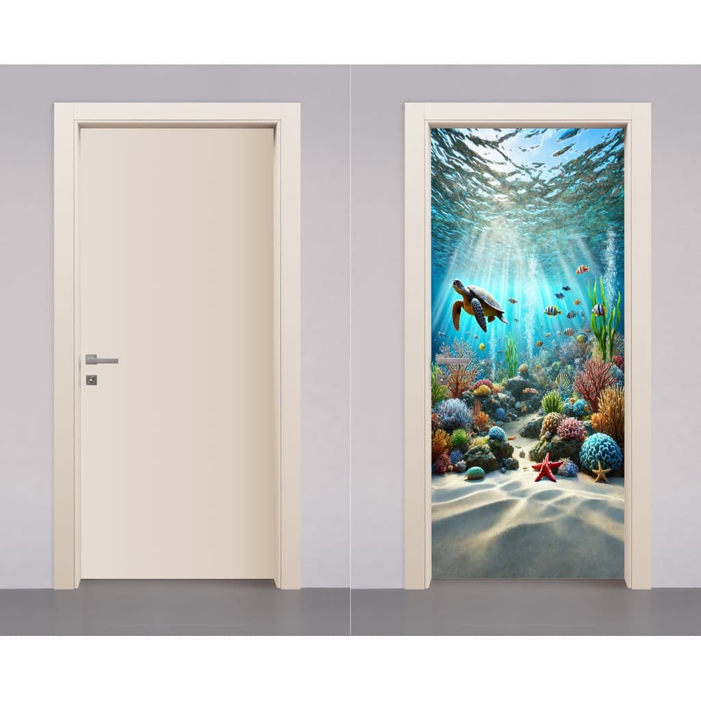 Adesivo Decorativo de Porta de Madeira Vidro Fundo do Mar Peixes Oceano Residencial Quarto Moderno