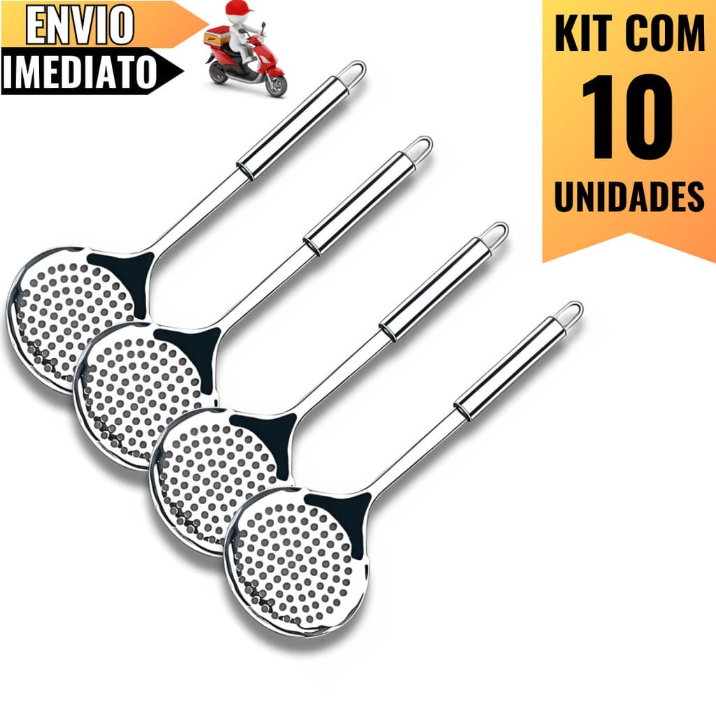 Kit 10 Escumadeiras de Inox 33cm – Ideal Para Cozinhas Industriais, Restaurantes e Uso Profissional