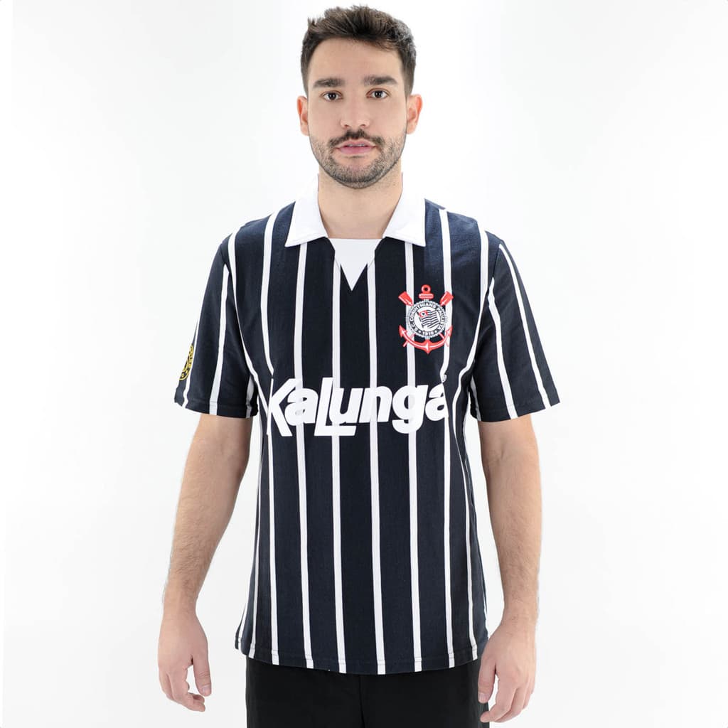 Camiseta de Time Coimbra Corinthians Listrada Preto e Branco - Masculino