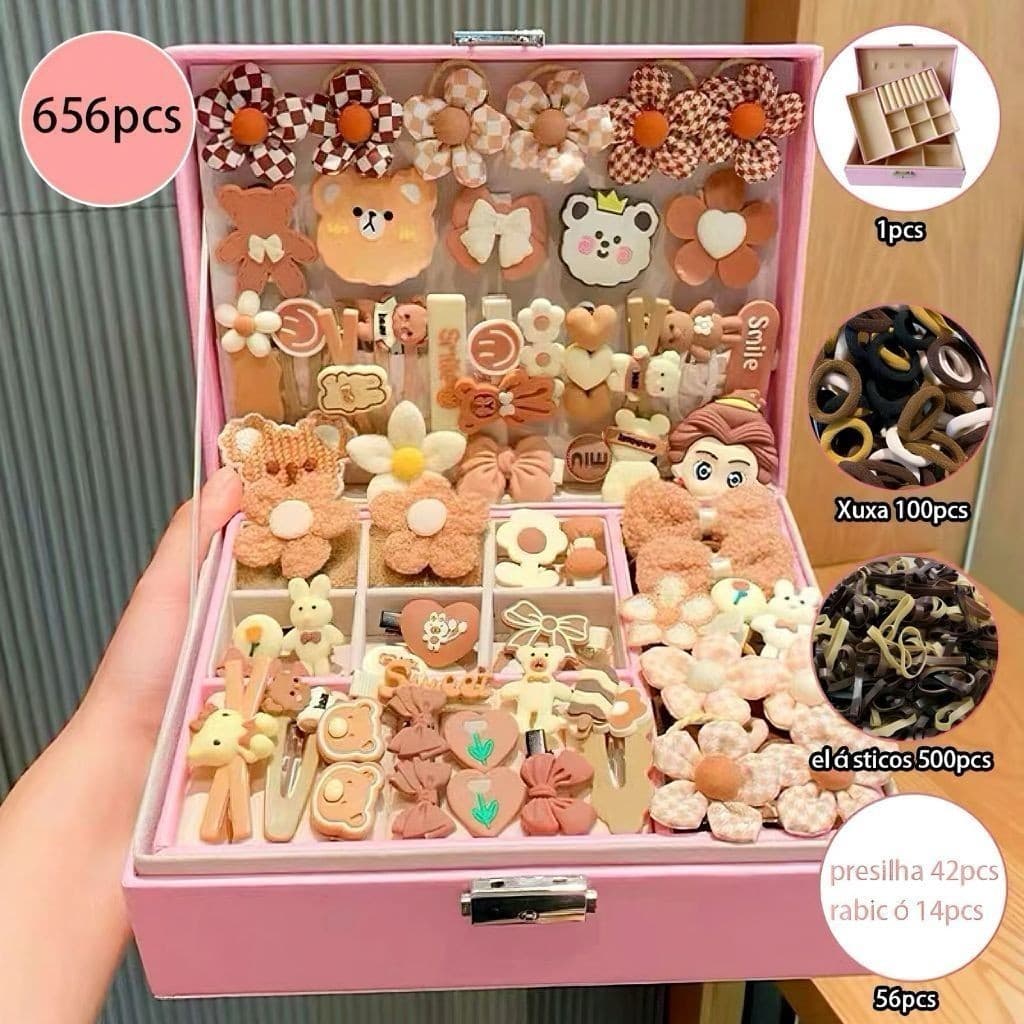 Kit Caxinha Com 656 unidades Elástico Xuxinha Presilhas Para Cabelo Infantil Meninas