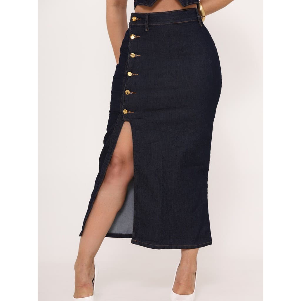 Saia Jeans Feminina Longa Midi com Lycra e Abertura Laterais