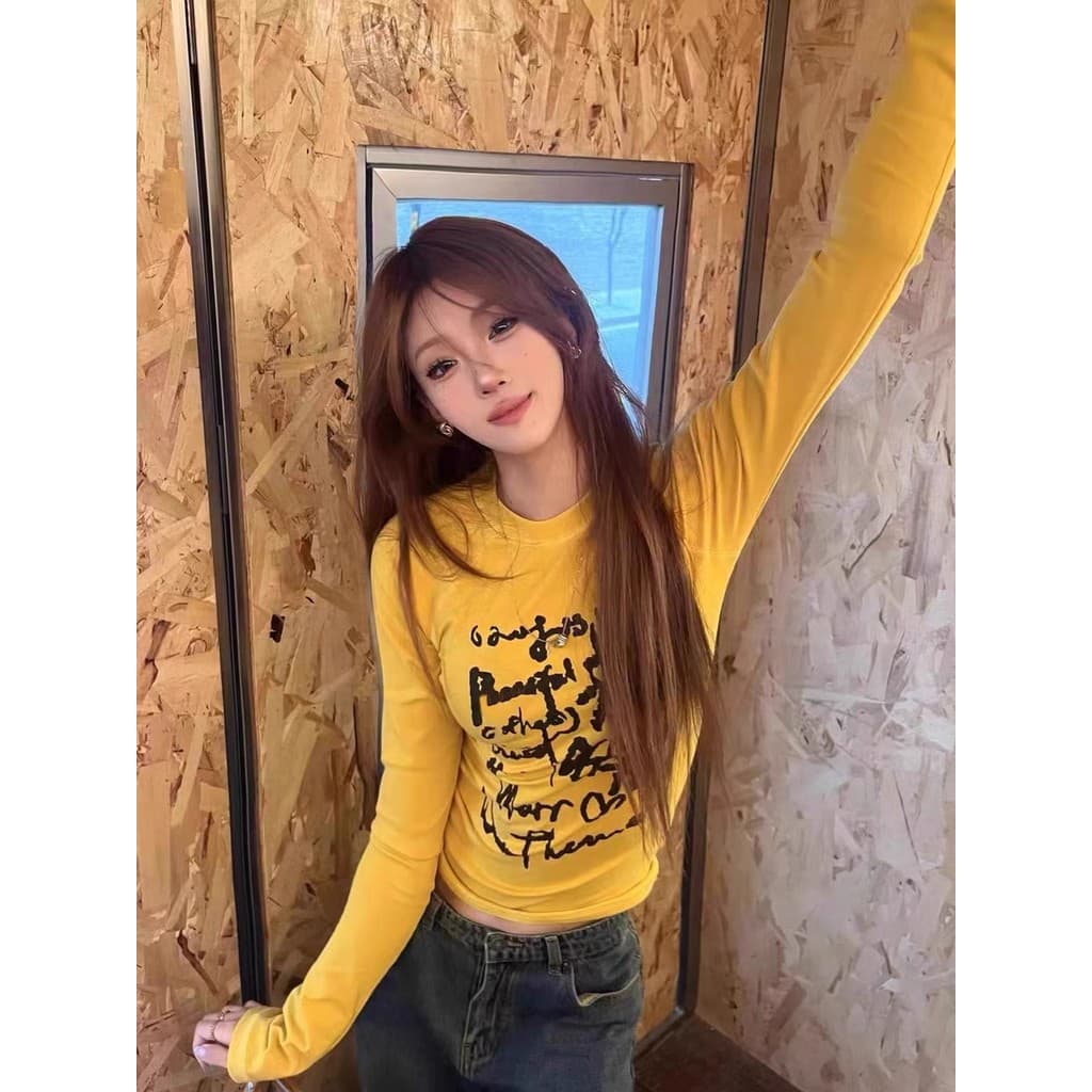 Americano Retro Raglan Graffiti impresso manga comprida camiseta feminina primavera outono magro camisa de fundo jogo in