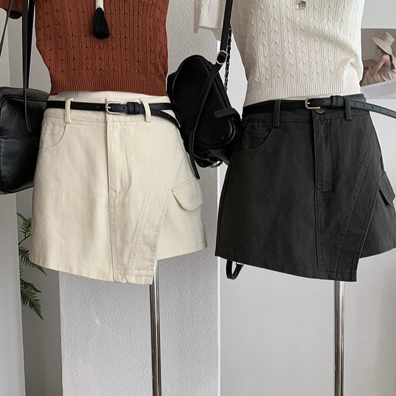 KEKAZOON Culottes curtas jeans irregulares estilo geral verão Shorts evasê com cinto 7975