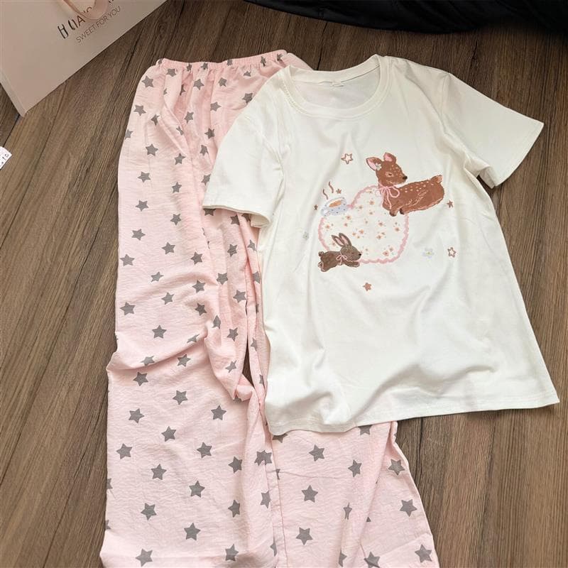 Pijamas femininos verão Homewear terno calças de manga curta pijamas de verão solto camiseta pijamas calças femininas fa