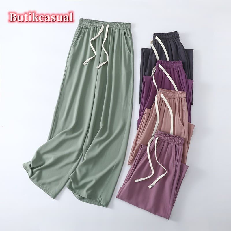 Mulheres Rayon Calças De Perna Larga Primavera Verão Fino Plus Size Solto Cordão Elástico Cintura Bolso Casuais