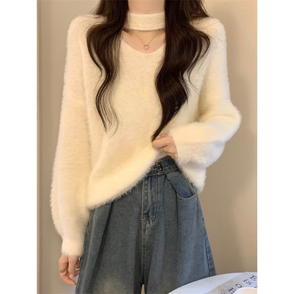 Branco Halter pescoço Mohair camisola feminina outono inverno com decote em v interior de malha camisa de fundo macio ce