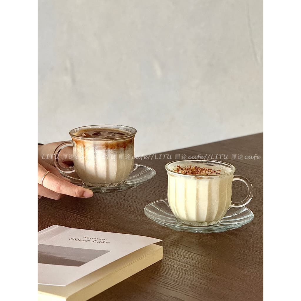 Ins estilo copo de vidro transparente pires café Retro em relevo xícara de café pires copo de chá de vidro escritório xí