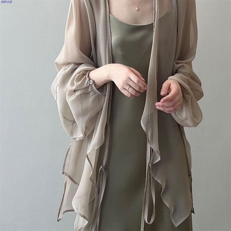 Chiffon protetor solar camisa feminina verão fino francês topo solto pequeno Cardigan Drape xale jaqueta blusa