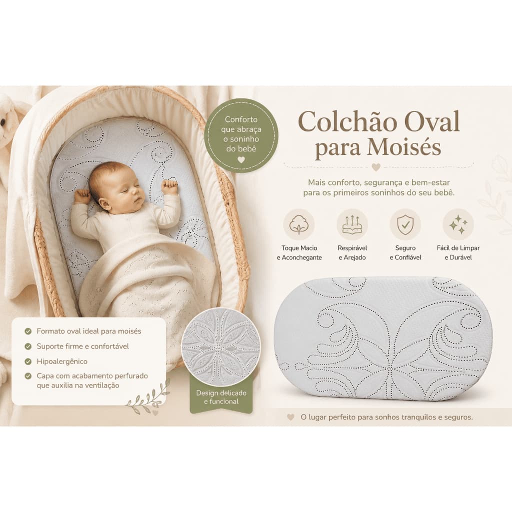 Colchão Oval Para Carrinho Moisés Bebê Com Espuma Confortável E Acabamento Premium Super Promoção