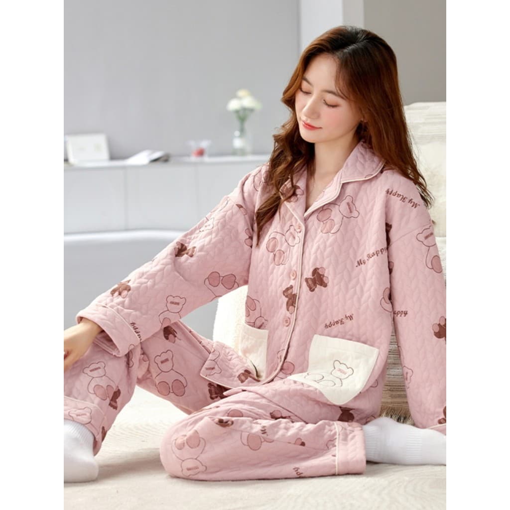 Novo pijama em camadas feminino outono inverno 2026 novo estilo de manga comprida algodão ar acolchoado inverno engrossa