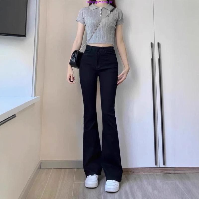 calça jeans feminina pantalona calça jeans feminina Jeans bootcut preto em forma de pêra para mulheres primavera e out