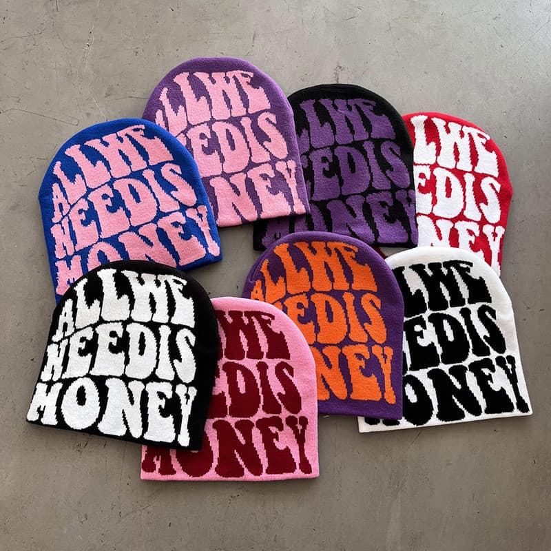 Frete Grátis Gorro de tricot com frase ALL WE NEED IS MONEY, modelo retrô americano colorido unissex para inverno