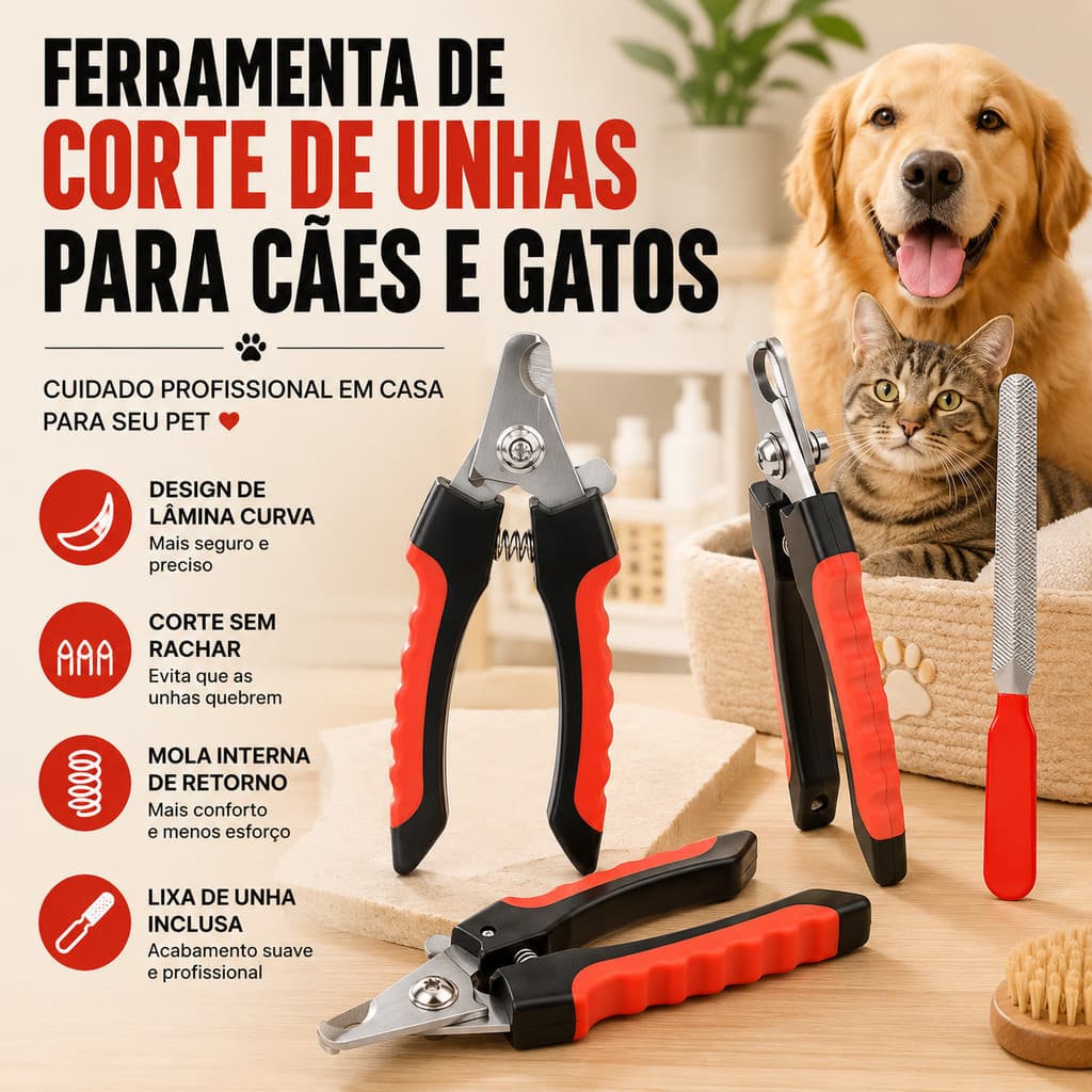 Kit Cortador de Unhas Pet Alicate com Lixa para Cães e Gatos Grande Porte Aço Inox Trava de Segurança Ergonômico