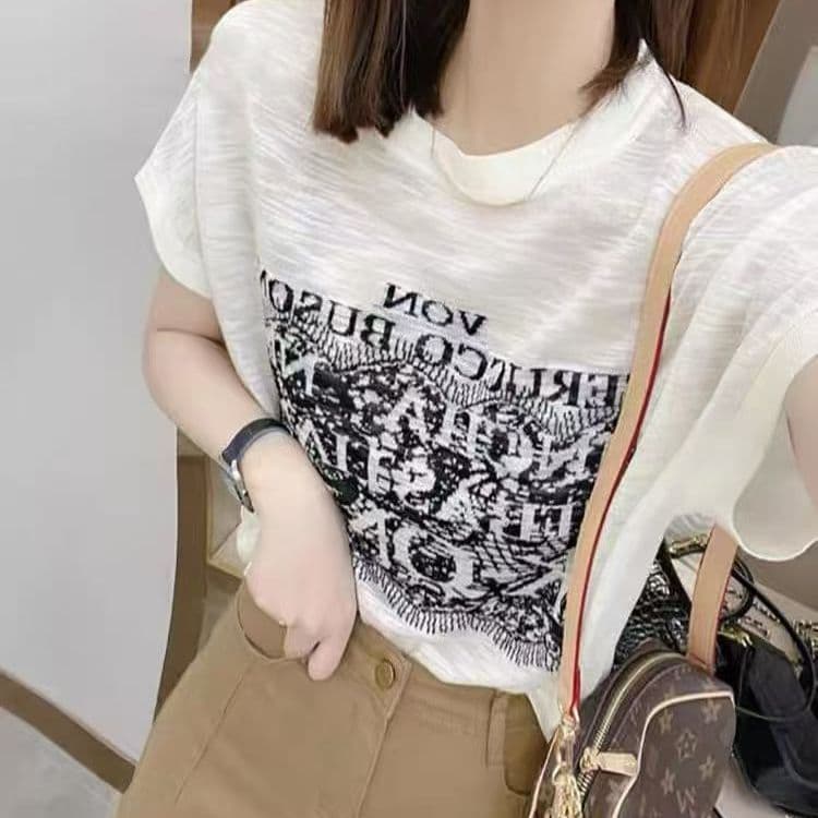 Verão novo estilo carta impressa camiseta de manga curta feminina Design fino nicho All-Match solto Casual em torno do p