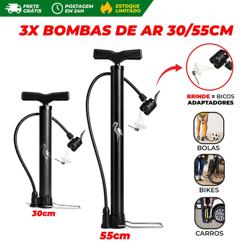 Kit 3 Bombas de Ar Manual Encher Pneu Bike Moto Carro Bola Piscina 30/55cm Alta Pressão