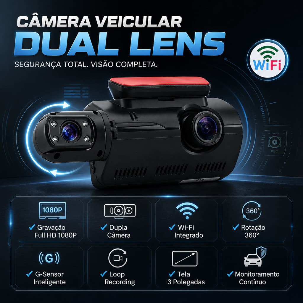 Câmera Veicular DVR Dual Lens Full HD 1080P com Wi-Fi, Câmera Frontal e Traseira, Rotação 360°, Tela 3” e G-Sensor
