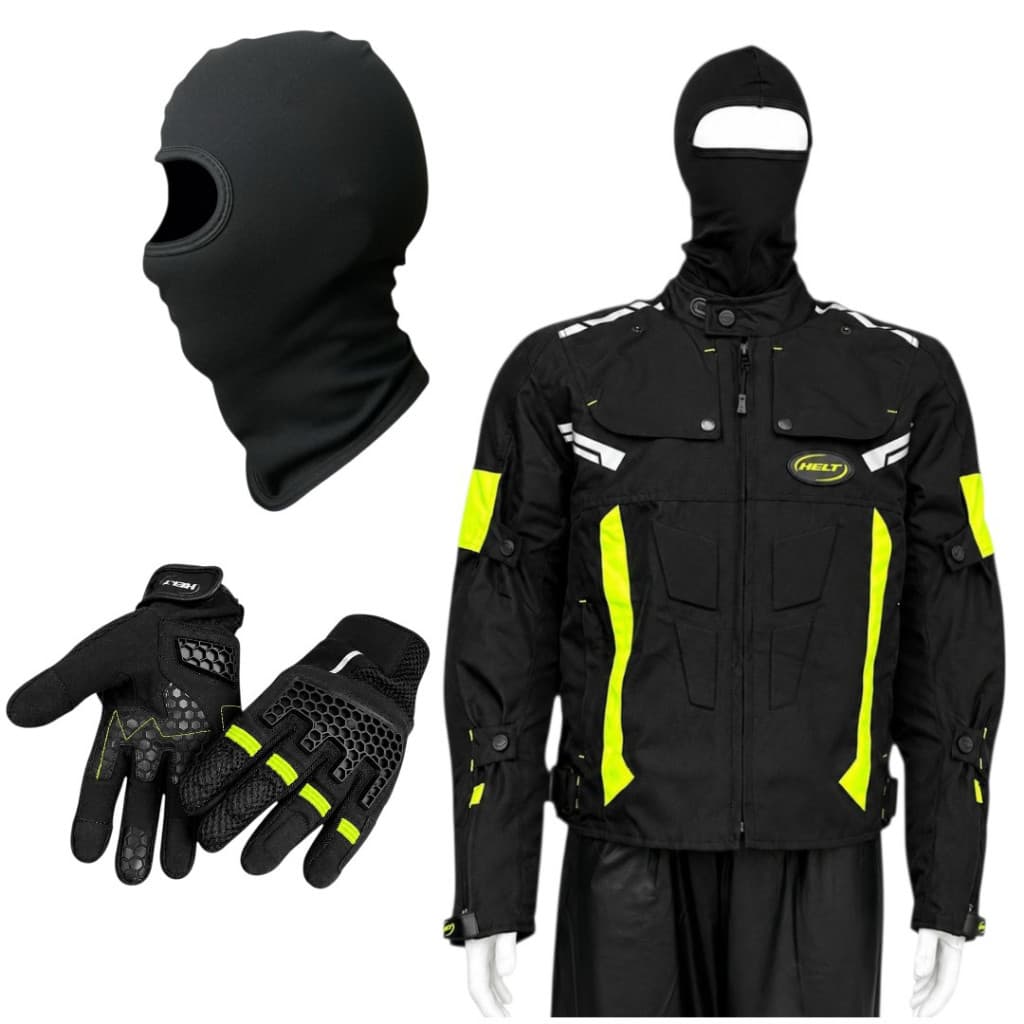 Kit Jaqueta + Luva + Touca Balaclava Helt Masculino Impermeável Motociclista C/Ajuste Bolso Proteção