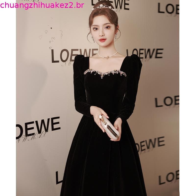 Preto De Manga Comprida Veludo Vestido De Noite Para Mulheres Elegante Céu Estrelado Banquete Magro Vestidos De Princesa