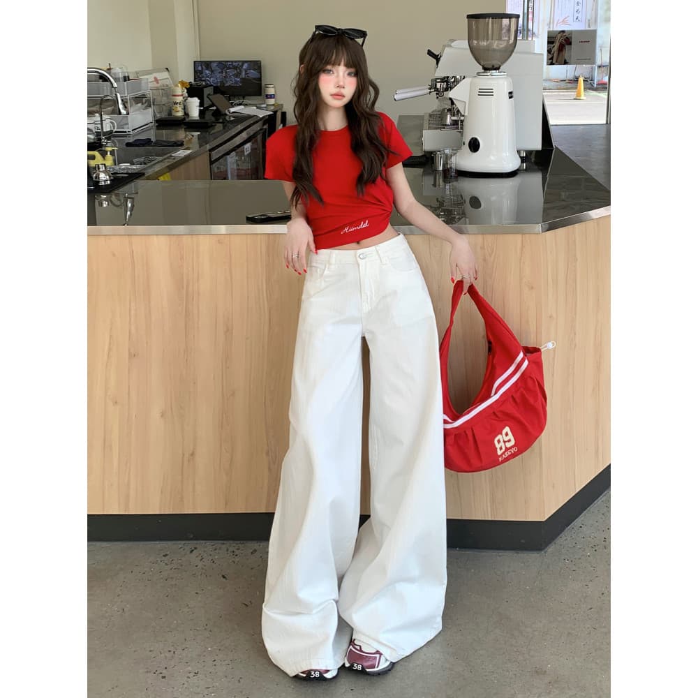 Vfvk Calça Jeans branca de perna larga feminina verão 2026 novo estilo de bambu opaco calça branca solta reta calça larg