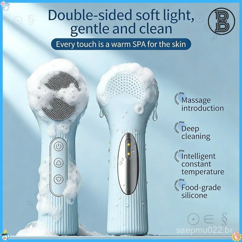 Escova de Limpeza Facial Elétrica de Dupla Face para Mulheres e Homens, Lavagem Facial com Aquecimento em Silicone, Cuid