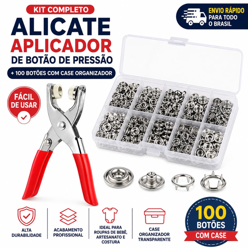 Kit Alicate Aplicador de Botão de Pressão Metal + 100 Botões Com Case Organizador Costura Artesanato Roupas Bebê