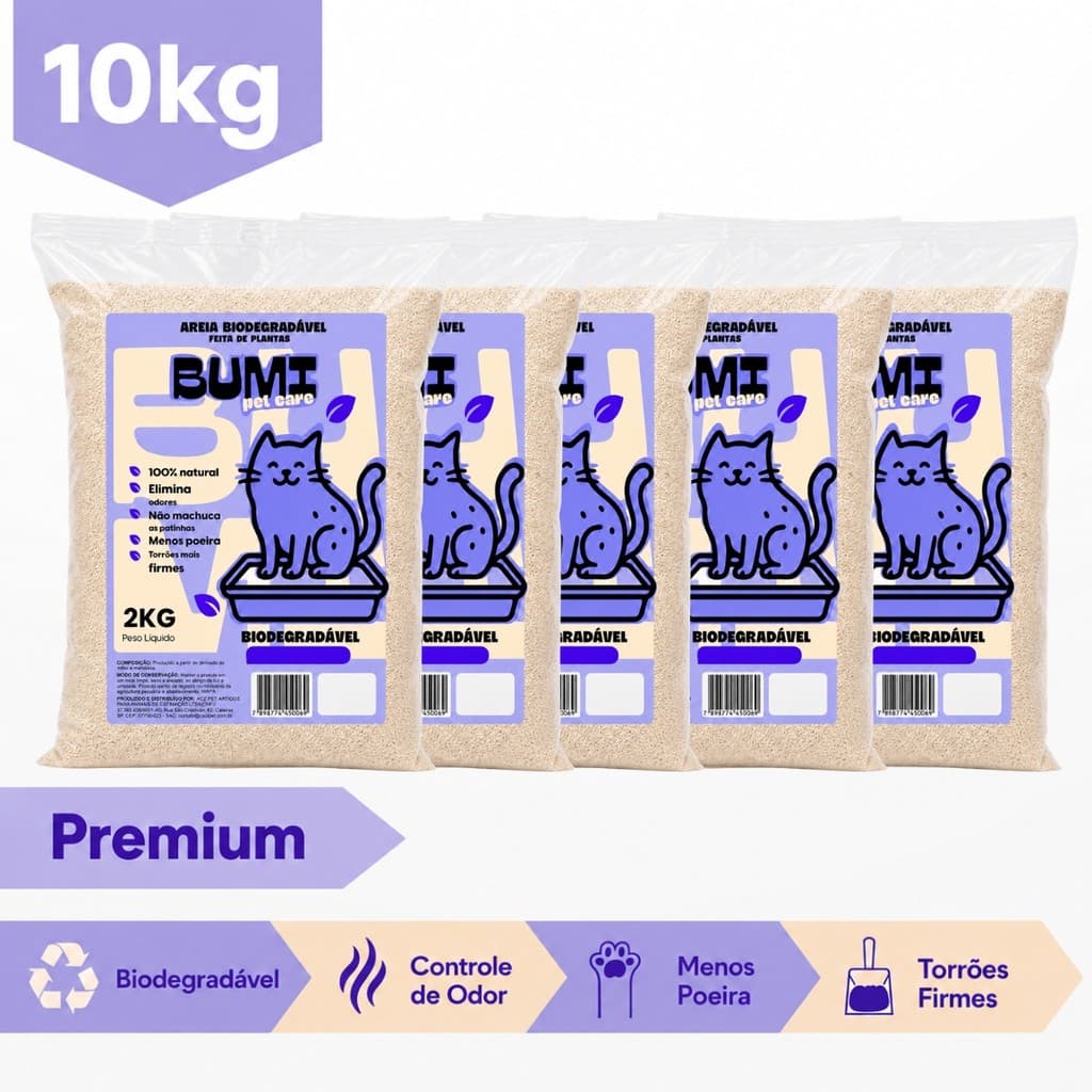 Kit 5 Areia Bumi Pet 2kg Mandioca Natural Alta Absorção Anti Odor Gatos