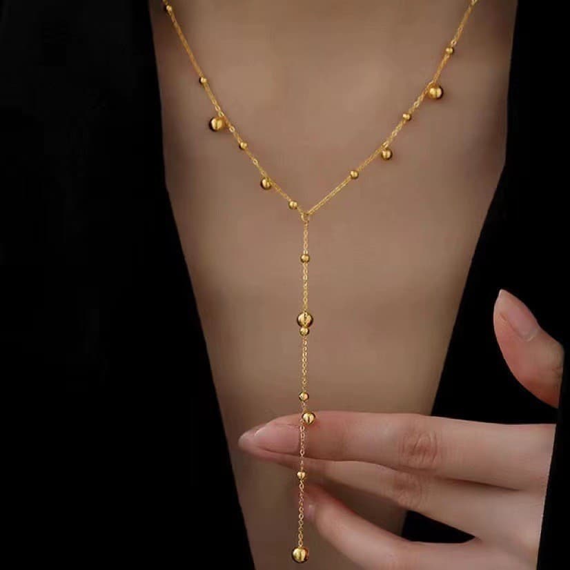 Colar de Aço Titânio HT com Banho de Ouro 18K e Franjas Longas, Simples e Elegante, Colar de Pérolas em Aço Inoxidável p