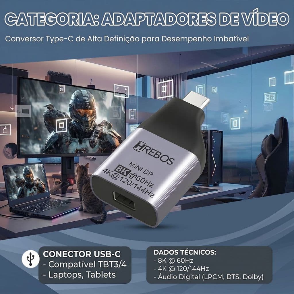 HREBOS x HEYOO Adaptador compacto USB-C DisplayPort 8K HDR para sala estar escritório quarto gamer