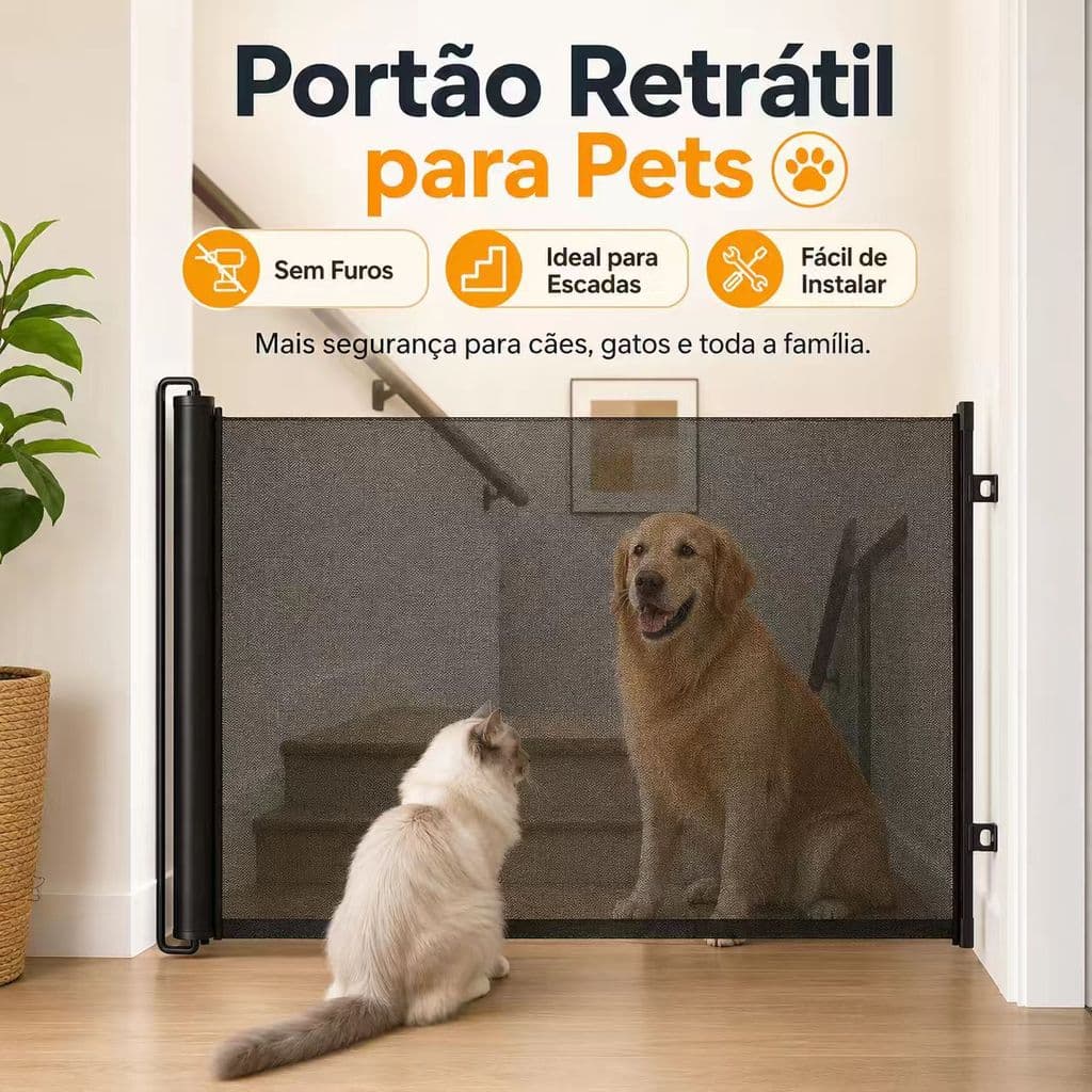 Tela De Proteção Para Cachorro Portão de Segurança Retrátil para Pets – Sem Furar para Portas e Escadas Cães e Gatos